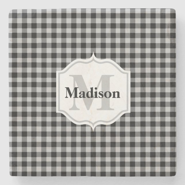 Classic Black White Grey Buffalo Plaid Monogram Stone Coaster (Front)