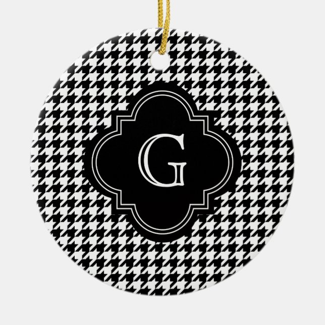 Classic Black White Houndstooth With Monogram Ceramic Tree Decoration (Front)