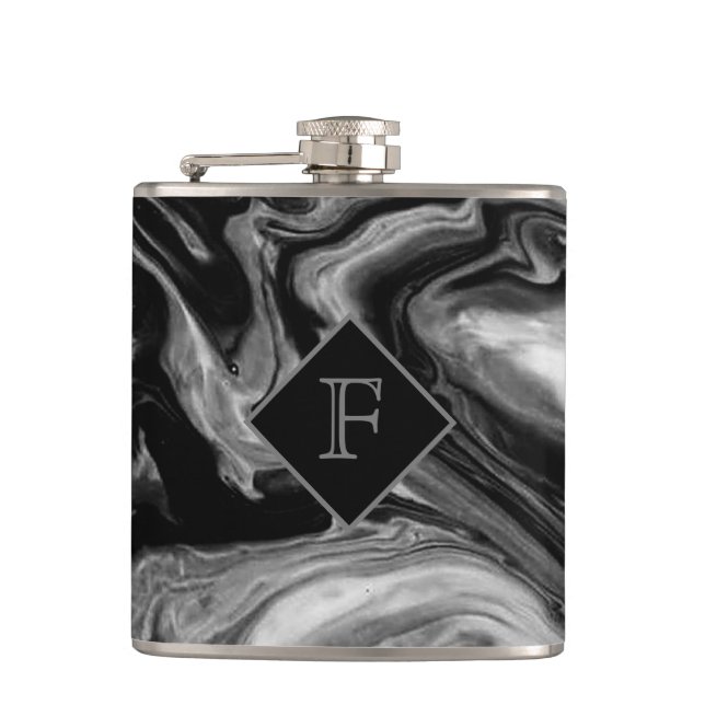 Classic Black & White Marble Monogrammed Hip Flask (Front)