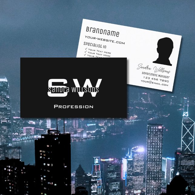Classic Black White Modern with Monogram and Photo Business Card (Creator Uploaded)