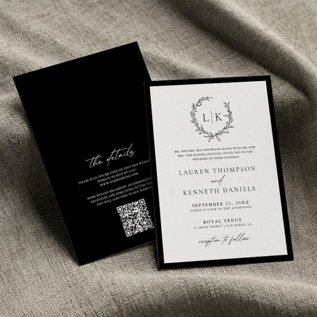 Classic Black White Monogram QR Code Wedding  Invitation (Creator Uploaded)