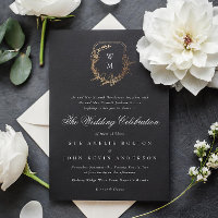 classic black white monogram wedding gold crest