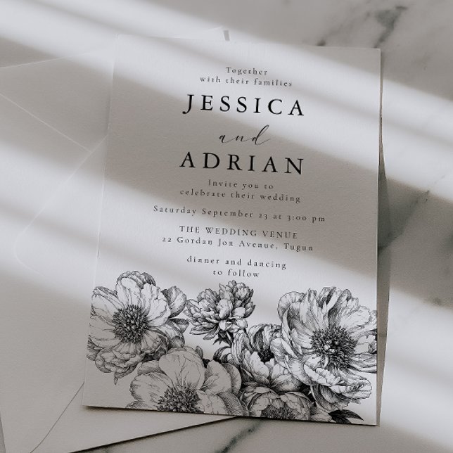 Classic Black & White Peony Line Art Wedding Invitation (Creator Uploaded)