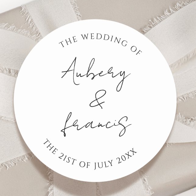 Classic Black White Personalised Names Wedding Classic Round Sticker (Creator Uploaded)