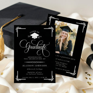 Classic Black White Photo Graduation Invitation