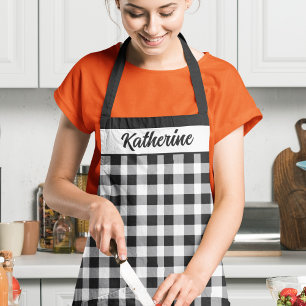 Classic Black White Plaid Baking Name Christmas Apron