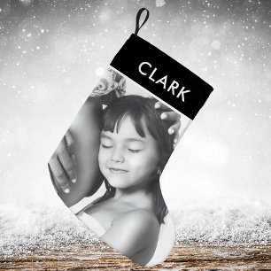 Classic Black white Plaid Tartan Family Photo  Small Christmas Stocking