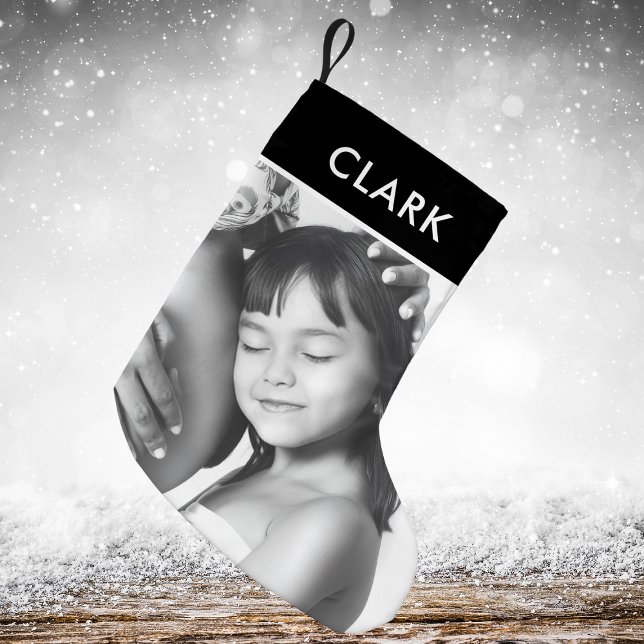 Classic Black white Plaid Tartan Family Photo  Small Christmas Stocking (Creator Uploaded)