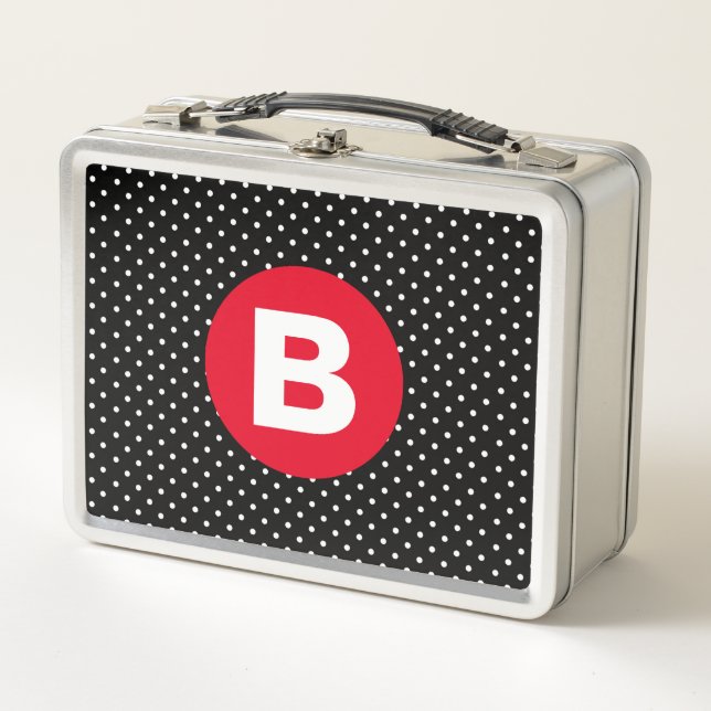 Classic Black & White Polka Dot with Red Monogram Metal Lunch Box (Front)