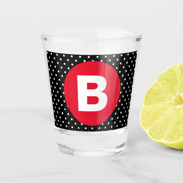 Classic Black & White Polka Dot with Red Monogram Shot Glass (Front)