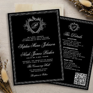 Classic black white QR formal monogram wedding  Invitation