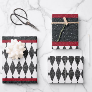 Classic Black White Red Halequin Diamond Argyle  Wrapping Paper Sheet