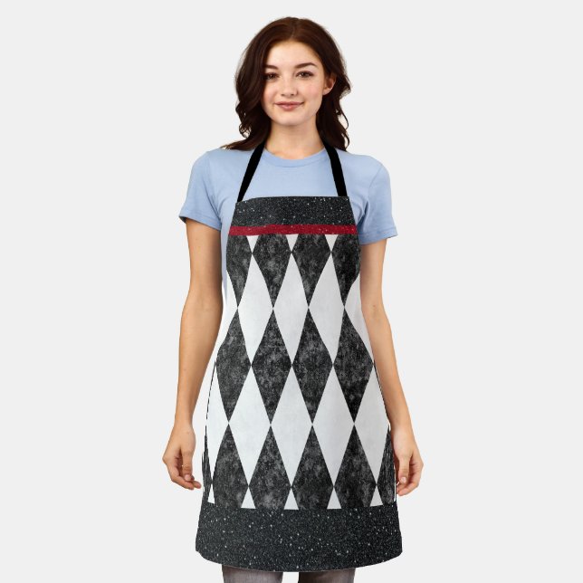 Classic Black White Red Harlequin Diamond Argyle Apron (Worn)