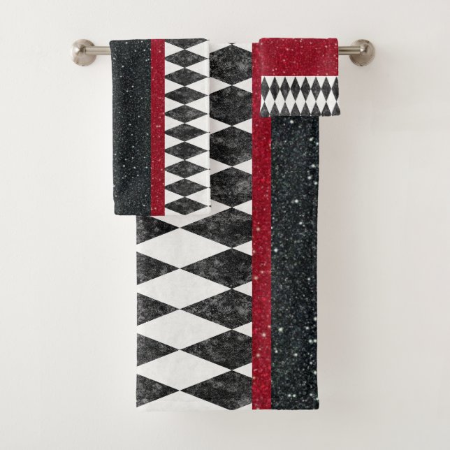 Classic Black White Red Harlequin Diamond Argyle Bath Towel Set (Insitu)
