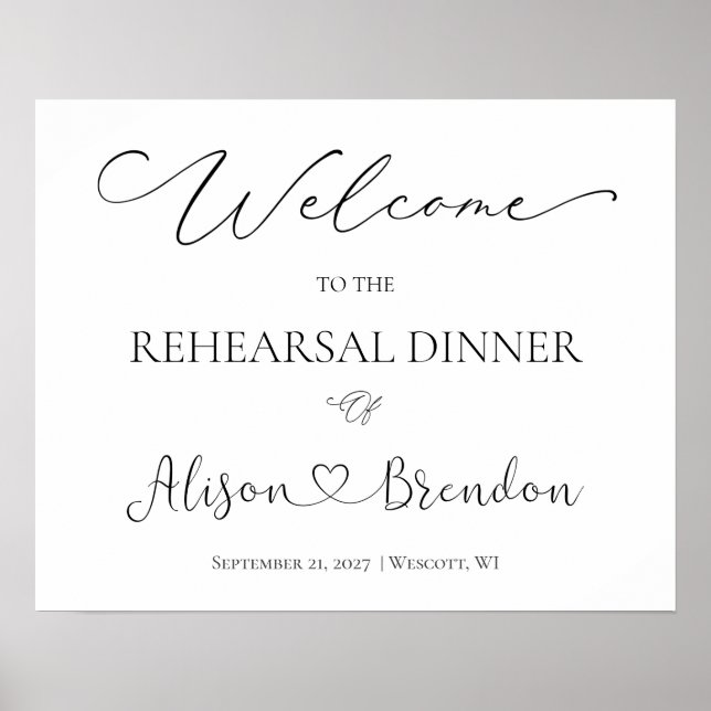 Classic Black White Rehearsal Dinner Welcome Sign (Front)