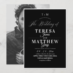 Classic Black & White Script Elegant Wedding Invitation