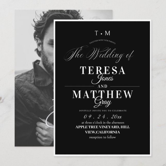 Classic Black & White Script Elegant Wedding Invitation (Front/Back)