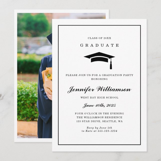 Classic Black & White Script Graduation Photo Invitation (Front/Back)