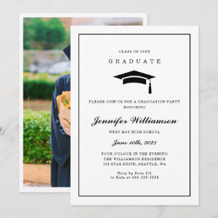 Classic Black & White Script Graduation Photo Invitation
