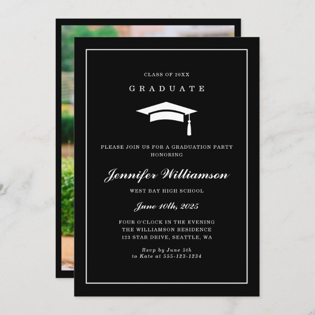 Classic Black & White Script Graduation Photo Invitation (Front/Back)