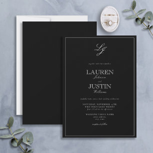 Classic Black & White Script Monogram Wedding Invitation
