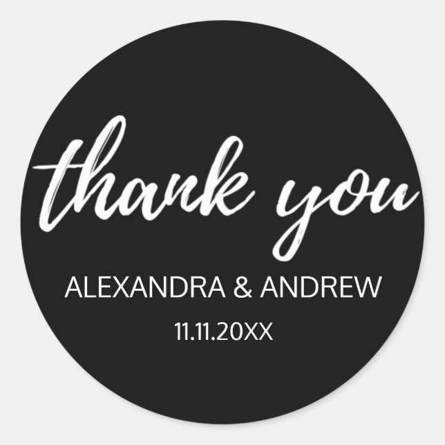 Classic Black & White Script Wedding THANK YOU Round Sticker (Front)