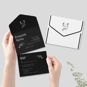 Classic Black White Simple Modern Wedding All In One Invitation