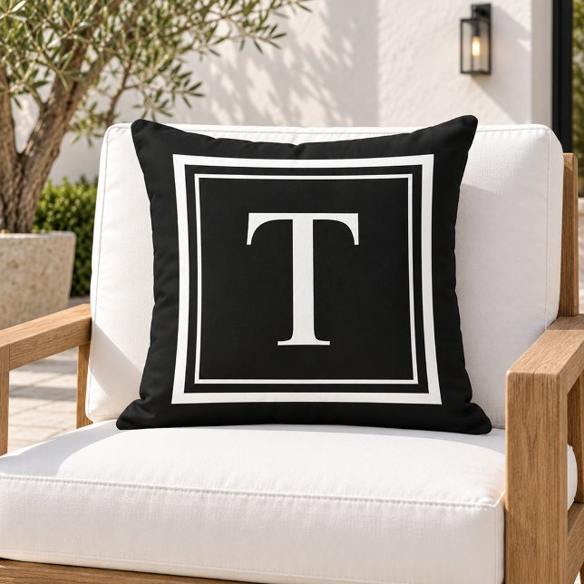 Classic Black White Square Frame Monogram Cushion (Creator Uploaded)