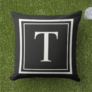 Classic Black White Square Frame Monogram Cushion