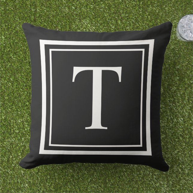 Classic Black White Square Frame Monogram Cushion (Grass)