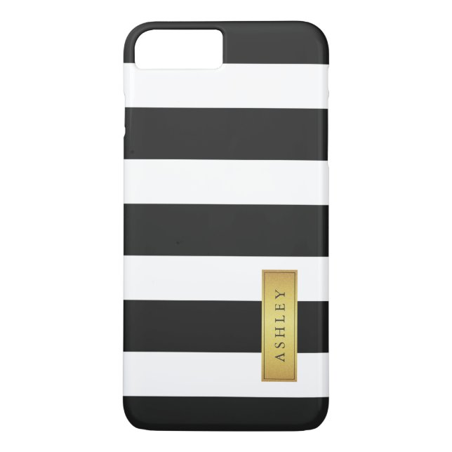 Classic Black White Stripe Pattern Gold Label Name Case-Mate iPhone Case (Back)