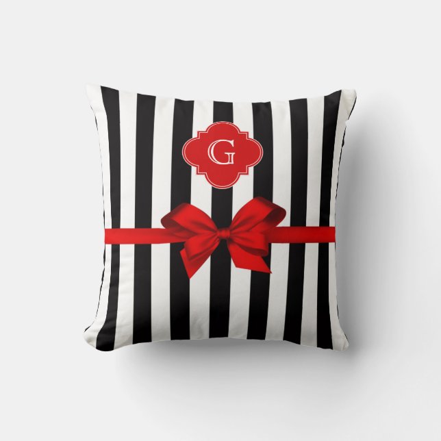 Classic Black White Stripe, Red Label, Bow Ribbon Cushion (Front)