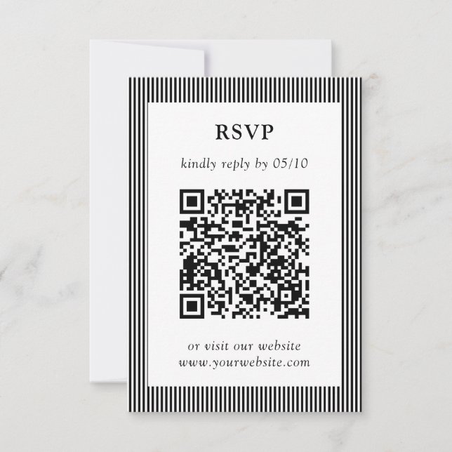 Classic Black & White Striped QR Code RSVP Wedding Card (Front)