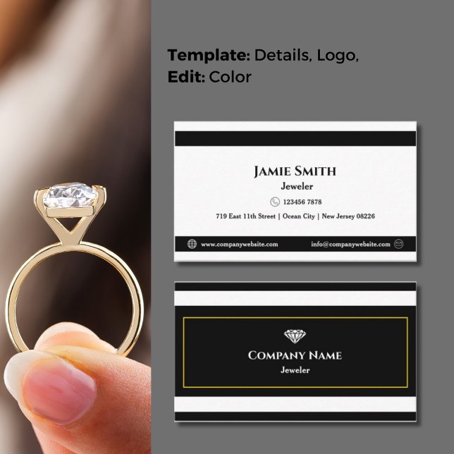 Classic Black & White Timeless Elegance Jeweller's Business Card (Classic Black & White Timeless Elegance Jeweler's Business Card, Slim Stripe Design, Golden Yellow)