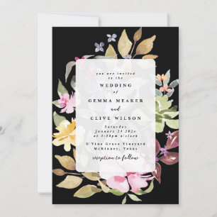 Classic Black White Watercolor Florals Wedding Invitation