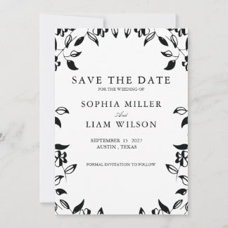 Classic Black White WEDDING Floral Save the Date  Invitation