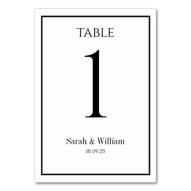 Classic Black & White Wedding Table Number Card (Front)