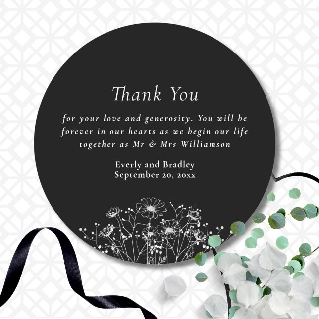Classic Black White Wildflower Wedding Thank You   Round Sticker (Creator Uploaded)