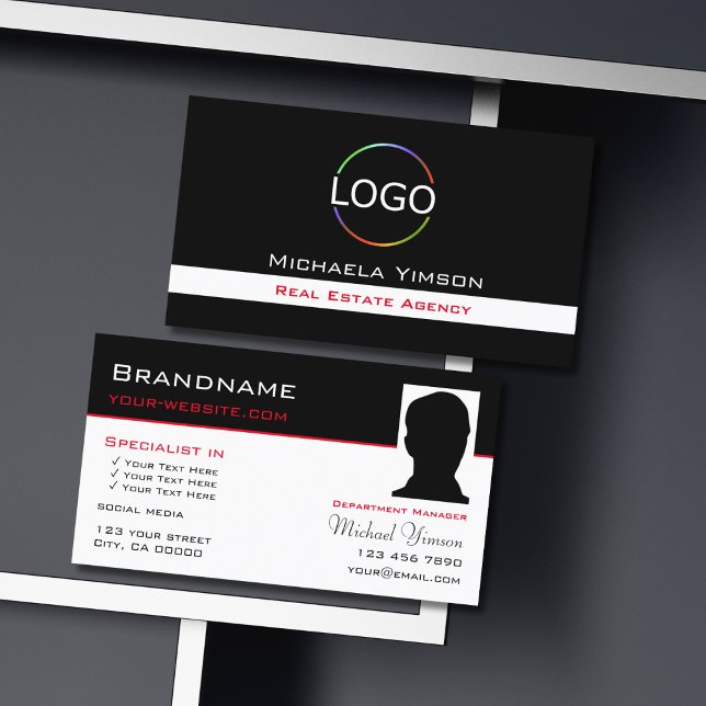 Classic Black White with Logo & Photo Professional Business Card (Creator Uploaded)