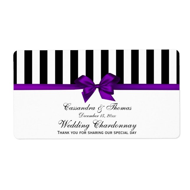 Classic Black Wht Stripe Purp H Wine Bottle Label (Front)