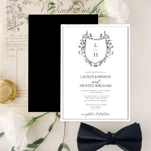 Classic Black Wildflower Monogram Crest Wedding Invitation