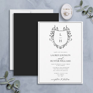 Classic Black Wildflower Monogram Crest Wedding Invitation