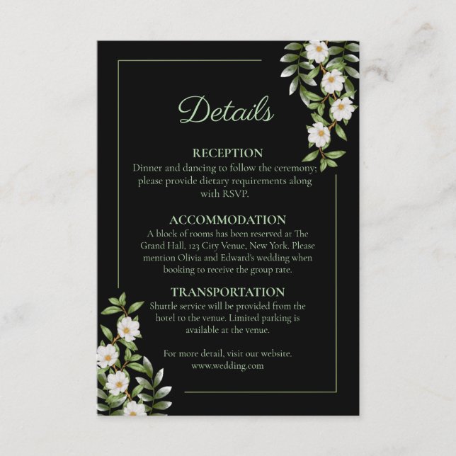 Classic Black with White Camellia Wedding  Enclosure Card (Front)