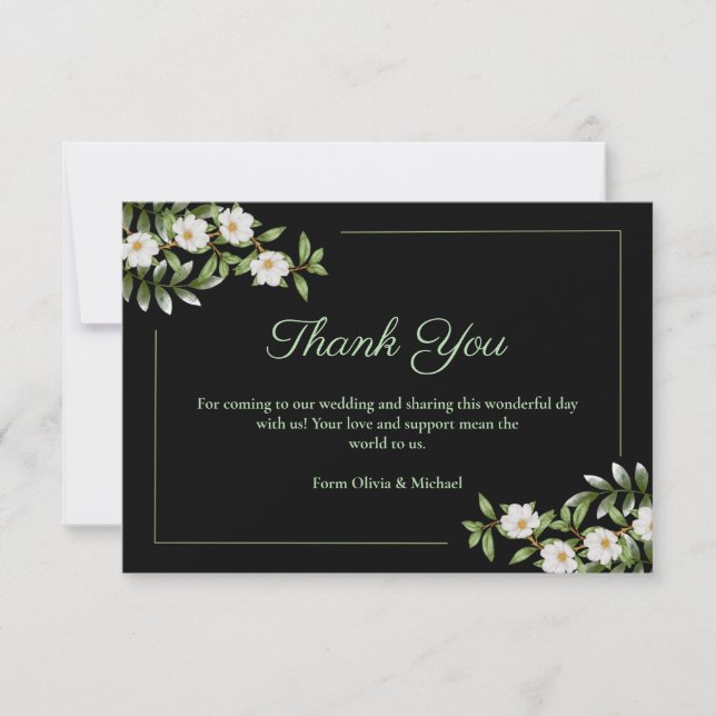 Classic Black with White Camellia Wedding  Thank You Card (Front)