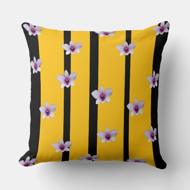 Classic Black + Yellow Floral Stripes Cushion (Front)