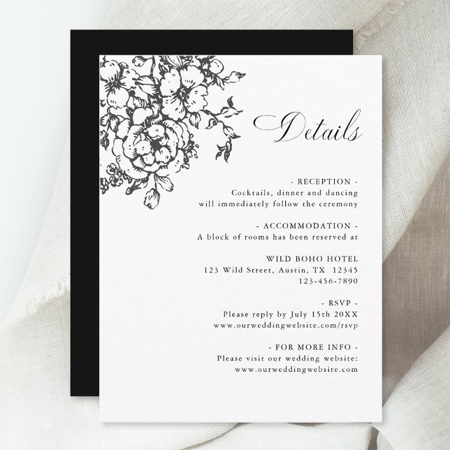 Classic Bloom Garden Black & White Wedding Details Enclosure Card (Creator Uploaded)