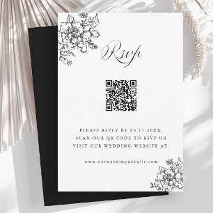 Classic Bloom Garden Black & White Wedding QR Code RSVP Card