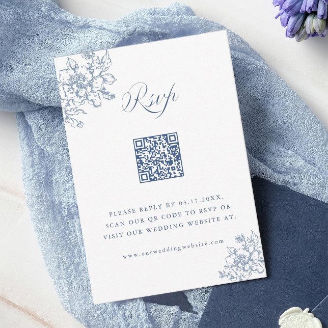 Classic Bloom Garden Dusty Blue Wedding QR Code RSVP Card (Creator Uploaded)