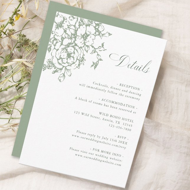 Classic Bloom Garden Sage Green Wedding Details Enclosure Card (Creator Uploaded)