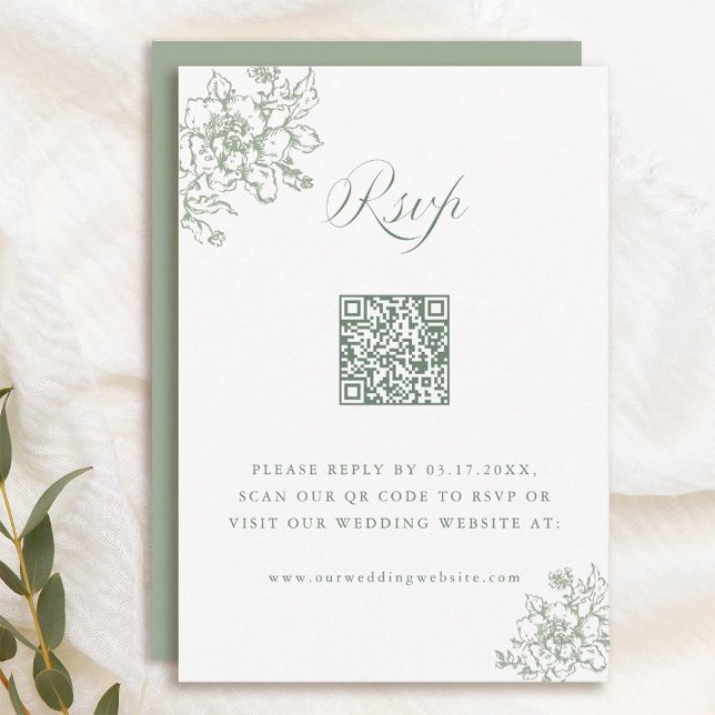 Classic Bloom Garden Sage Green Wedding QR Code RSVP Card (Creator Uploaded)